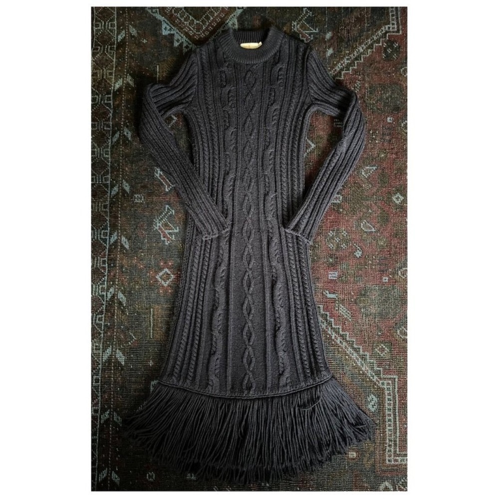 Tory Burch "Valero" Cable Knit Sweater Dress with Fringe Hem | Navy Blue | XS